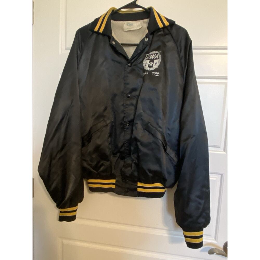 VTG Local 7019 CWA Jacket Print Graphic Mens Sz L Snap Front Union Made Black